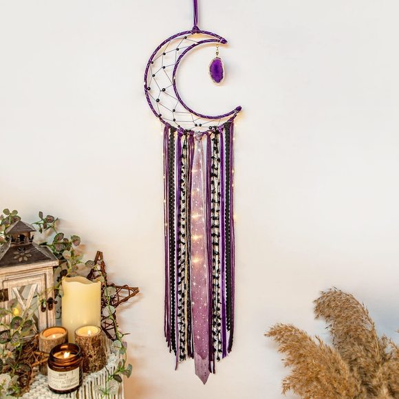 Witchy Crescent Moon Dream Catcher With Purple Agate, Witch Pagan Woven Wall😻 - Picture 1 of 6
